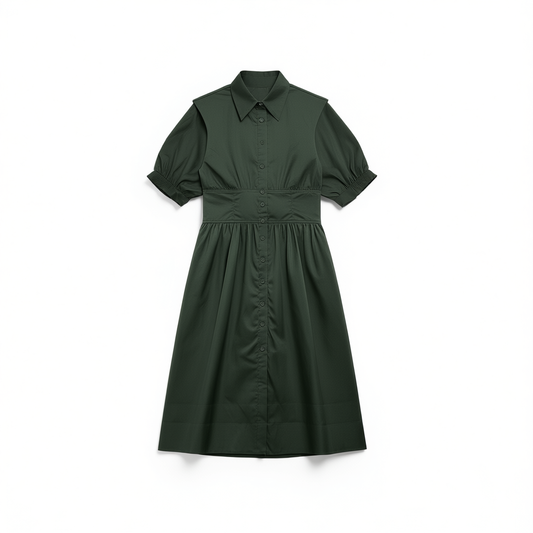 [193]GG   Gelly Dark Green Women's Dress Commuter Outfit Retro High-Waist Dress