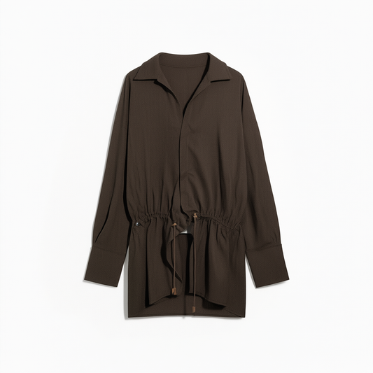 [880]GG      Relaxed Drop-Shoulder Wool Top with Overlap Placket and Drawstring Mid-Length Stylish Shirt
