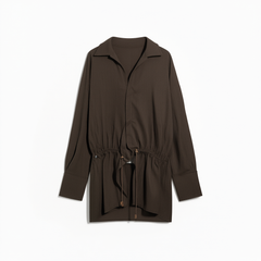 [880]G   ASM ANNA Relaxed Drop-Shoulder Wool Top with Overlap Placket and Drawstring Mid-Length Stylish Shirt