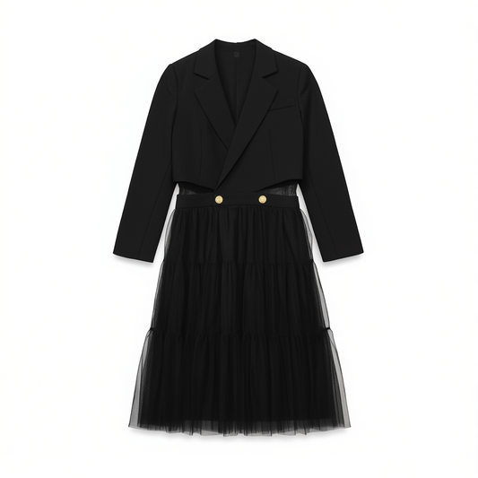 [466]N High-end mesh spliced blazer dress, 2023 autumn and winter new arrival black sophisticated crop top flared elegant little black dress