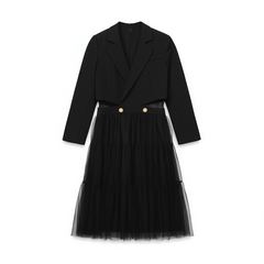 [466]N High-end mesh spliced blazer dress, 2023 autumn and winter new arrival black sophisticated crop top flared elegant little black dress