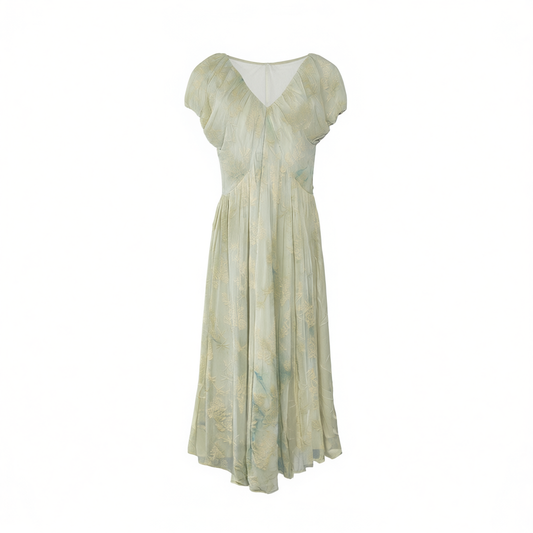 [269]NG   Ethereal Green Short-Sleeve Waist-Cinching Tulle Dress for Women, Summer Must-Have Flattering Long Dress