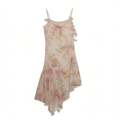 [405]N French-style floral spaghetti strap dress with a sophisticated, vacation-inspired vibe. Asymmetrical long dress for women, perfect for summer.