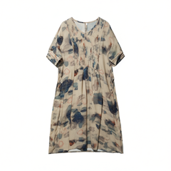 [978]M   [Special Price] Women's Printed Short-Sleeve Dress , Elegant High-End Style V-Neck Chiffon Mid-Length Dress