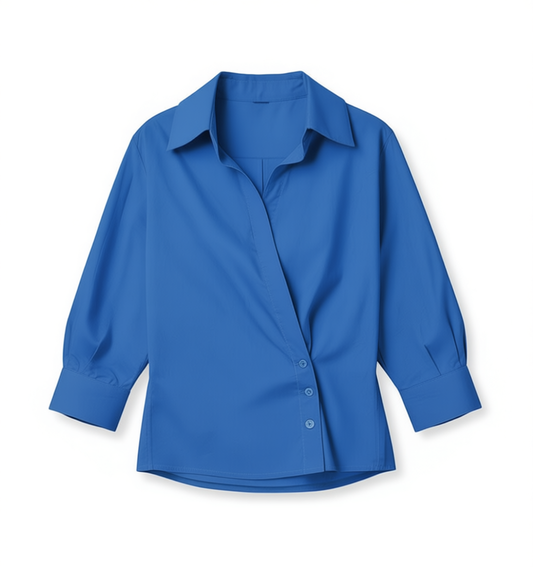 [998]GM   Short-Length Elegant Shirt with Three-Quarter Sleeves, Summer Women's New Style Fashionable Cotton Top in Blue with Waist-Tightening Design, Versatile