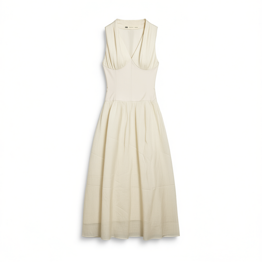 [554]GM     Women's white sleeveless V-neck sleeveless strap dress with waist-cinching long length, French resort style