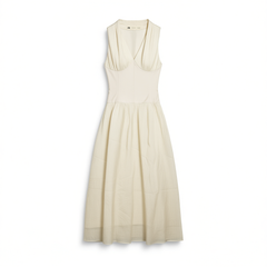 [554]G     Women's white sleeveless V-neck sleeveless strap dress with waist-cinching long length, French resort style, long maternity-friendly mini dress for summer