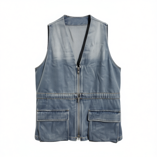 [686]NM  Vintage V-Neck Asymmetrical Shoulder Denim Vest for Women, Summer 2025, Large Pocket Cinched Waist Top - E1M2162D