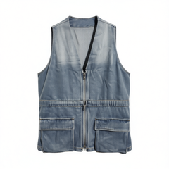 [686]N Chuji Vintage V-Neck Asymmetrical Shoulder Denim Vest for Women, Summer 2025, Large Pocket Cinched Waist Top - E1M2162D