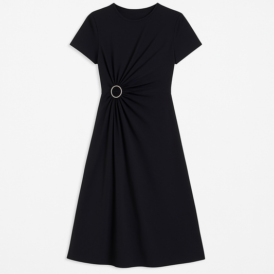 [426]MS MEIYANG Sculpted Black Dress Muse Goddess~ Tencel Roman Fabric Draped Pleated Round Neck Long Dress U