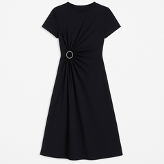 [426]MS MEIYANG Sculpted Black Dress Muse Goddess~ Tencel Roman Fabric Draped Pleated Round Neck Long Dress U