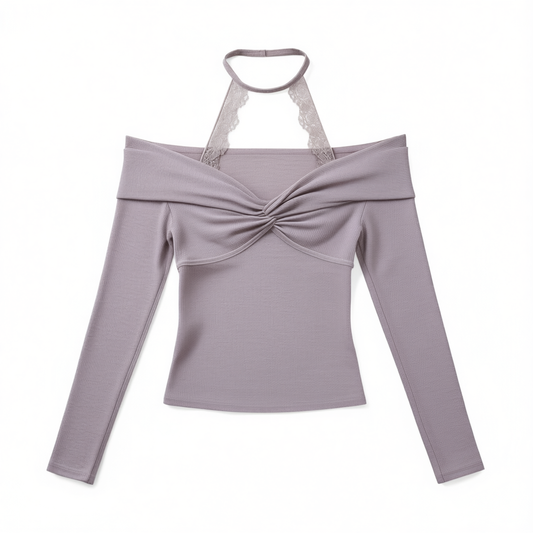 [483]NM Women's Long Sleeve T-Shirt with Lace Panels, Cross-Back Straps, One-Shoulder Low Neck, Cinched Waist, Autumn/Winter Base Layer Top