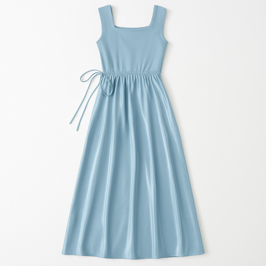 [436]MS Women's 2025 Spring/Summer New Drawstring Square Neck Patchwork Sleeveless Long Dress Trendy Bestseller