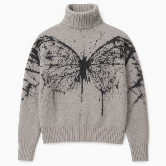 [445]MS American Gray Butterfly Jacquard Turtleneck Mink Velvet Knitted Cardigan for Women Spring & Fall Design Sweater Jacket Top