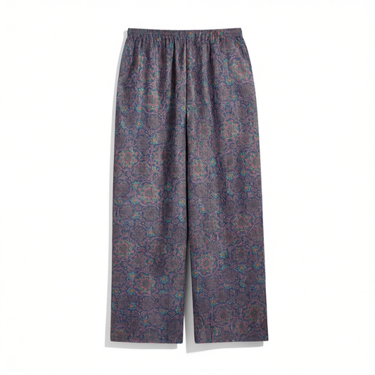 [704]GG   Premium Mulberry Silk Twill Wide-Leg Pants for Women Soft Retro Print Ethnic Style Women's Pants