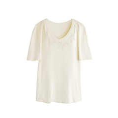 [960]MM   100% Knitted Linen Sequin Embroidery Short Sleeve T-Shirt, Fashionable Minimalist Style V-Neck Slimming Women's Top