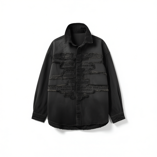 [542]GG     Applique Embroidery Stone-Washed Denim Long-Sleeve Men's Shirt