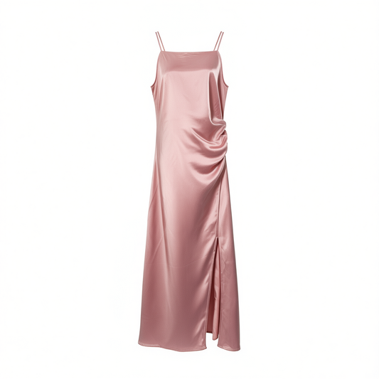 [091]NM  Women's Satin Acetate Slip Dress with Waist Cinching, Elegant Light Luxury High-End Pleated Pencil Long Dress for Summer