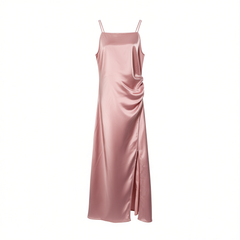 [091]NM  Women's Satin Acetate Slip Dress with Waist Cinching, Elegant Light Luxury High-End Pleated Pencil Long Dress for Summer