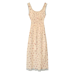 [627]GG    French-style floral print sleeveless dress for women, square neck, waist-cinched slip dress
