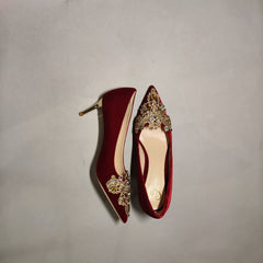 [066]NN Wedding Shoes: Red Brocade Xiuhe Heels for Women