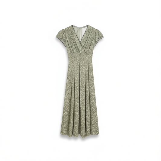 [405]NG    Crepe De Chine Fresh Romantic Floral Ruched Pleated Fit-and-Flare Dress