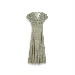 [405]N [Encounter in a Sea of Flowers] Crepe De Chine Fresh Romantic Floral Ruched Pleated Fit-and-Flare Dress