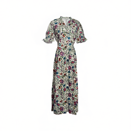 [770]NG    Floral print cotton V-neck waist-cinching tea dress