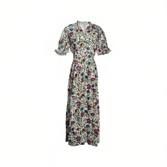 [770]N Elegant goddess style! Floral print cotton V-neck waist-cinching tea dress F2695