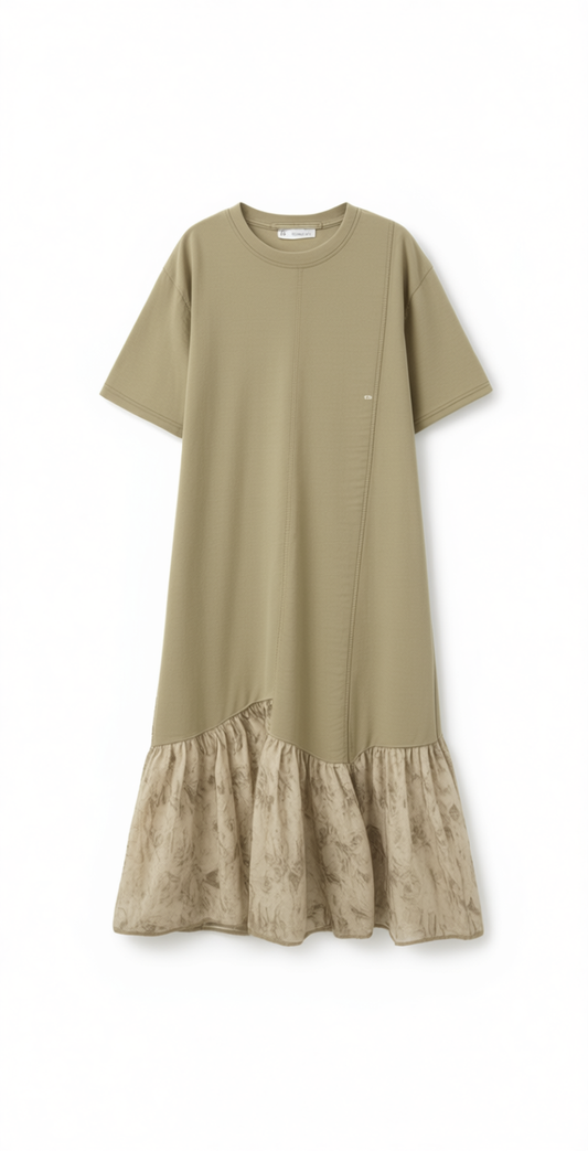 [702]GG   French vintage short-sleeve T-shirt dress for women 2025 summer new arrival asymmetrical patchwork floral print mermaid long dress