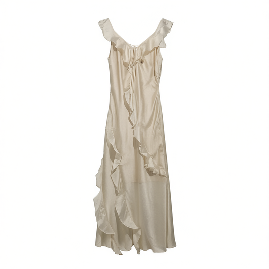 [082]MM   Mother-of-Pearl Luster Bias-Cut Wave Lace Ephemeral Glimpse Translucent Dress