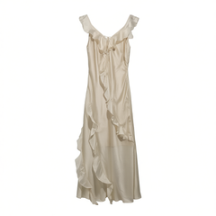 [082]M  OS7 Custom 6.26/20:00 Mother-of-Pearl Luster Bias-Cut Wave Lace Ephemeral Glimpse Translucent Dress