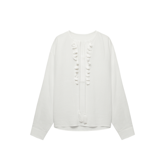 [563]NG     Refreshing Linen 100% Ramie Retro Tassel Long Sleeve Shirt