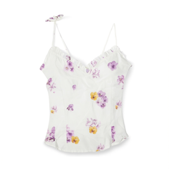[344]N RunRunSweet Original Viscose Ramie Floral Print Vacation Chiffon Tie-Strap Top
