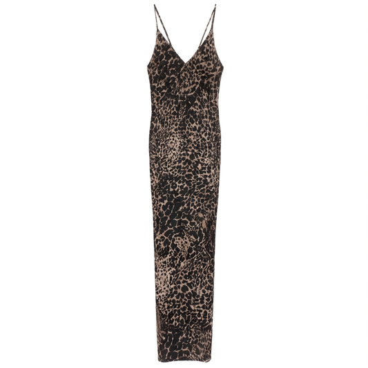 [022]NN Leopard Print Slip Dress with Cinched Waist and Pleat Design Bodycon Dress