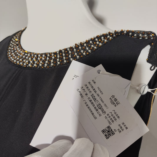 [597]NG    Black Heavy Hand-studded Bead Decorated Sleeveless Fitted Structured Dress