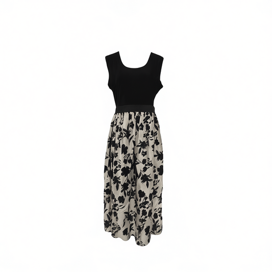 [902]NG     Roman Holiday Waves of Ink Sober Floral Vacation Style Silk Rayon Dress
