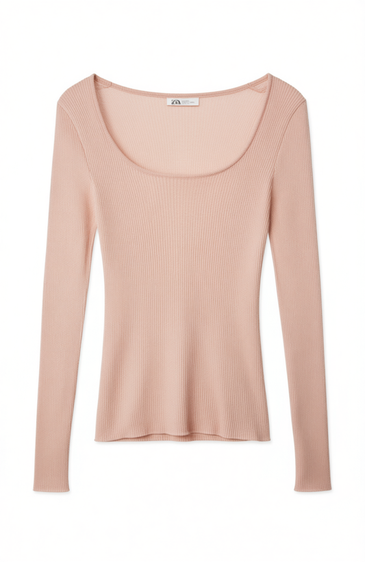 [788]G   French Rixo Kelly Vintage Pink Square Neck Long-Sleeve Sweater - Spring Sophisticated Slimming Top