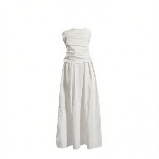 [907]GG     White Washed Poplin Pleated Simple Elegance Elegant High-End Strapless Full Skirt Summer Dress