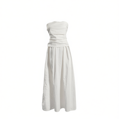 [907]GG     White Washed Poplin Pleated Simple Elegance Elegant High-End Strapless Full Skirt Summer Dress