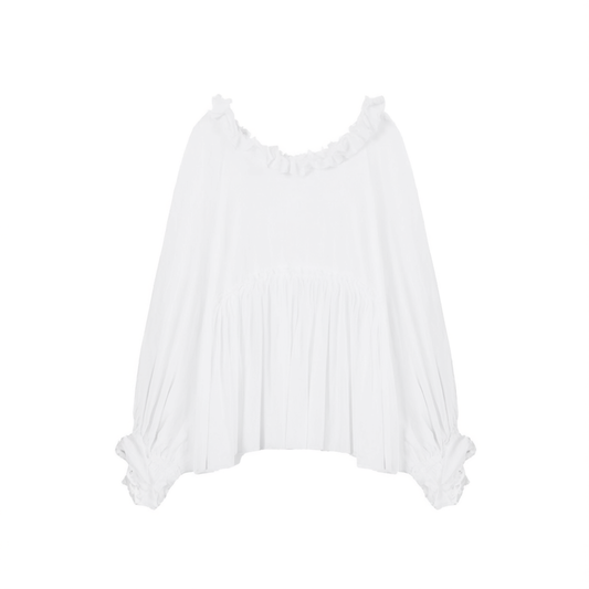 [564]GG     Lightweight and Breathable Mulberry Silk and Cotton Shirt with Intricate Ruffles, French Chic Slim-Fit Top