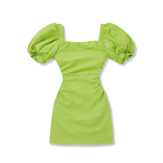 [162]NN Linen dress with a French square neckline, cut-out back, waist-baring design to elongate the legs