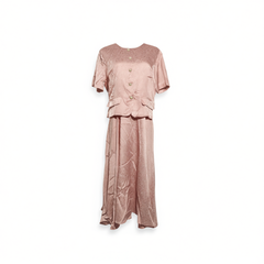 [795]N Mingsi Pink Jacquard Faux Two-Piece Dress for Women,  Arrival with Elegant Waist-Cinching Slimming Design