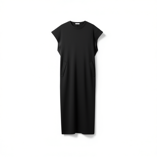 [274]NN Minimalist and Versatile, Round Neck with Short Flutter Sleeves, Maxi Dress