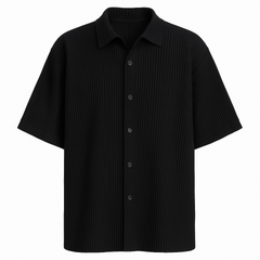 [494]MS Minimalist Series | Issey Miyake Japanese Style Black Minimalist Textured Loose Pleats Short Sleeve Shirt Jacket for Men JJ122