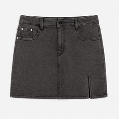 [496]GS    Stretch Denim Skirt with Slit, Plus Size Women's Slimming High-Waisted A-Line Short Skirt