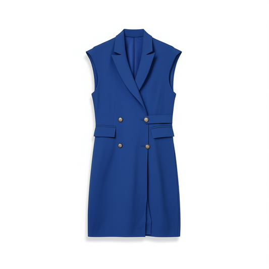 [100]GG    High-End Blue Cinched Waist Suit Dress, Professional Slim-Fit Tie-Belt Dress