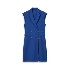 [100]GG    High-End Blue Cinched Waist Suit Dress, Professional Slim-Fit Tie-Belt Dress