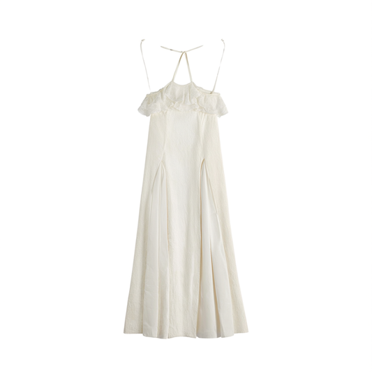 [198]NG    French-style White Halter Embroidered Ruffle Belted Maxi Dress