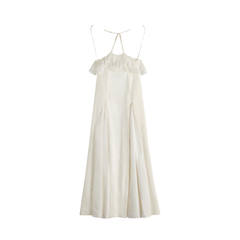 [198]N Excellent Work【Lotus Dream】French-style White Halter Embroidered Ruffle Belted Maxi Dress